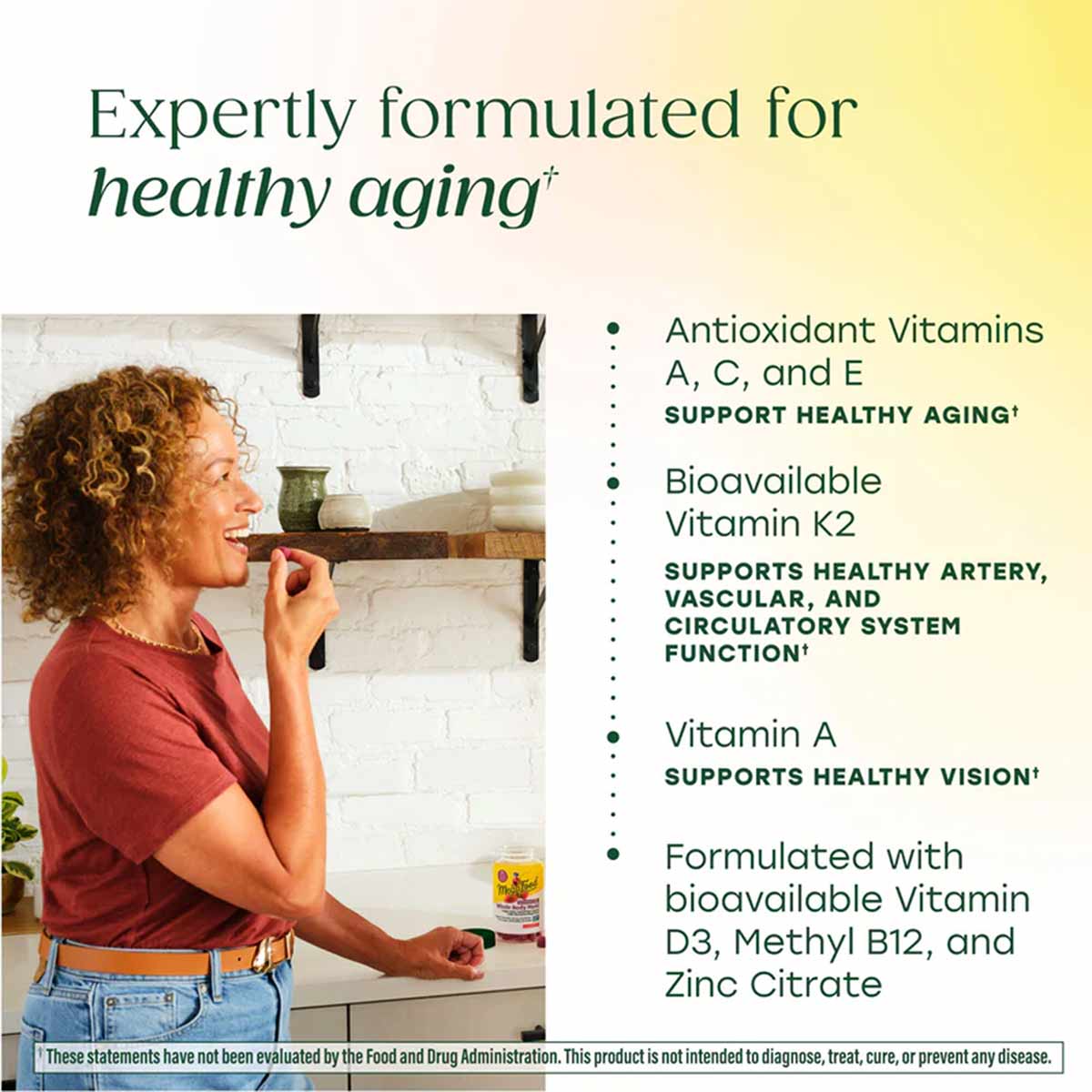 Woman consuming a gummy vitamin with product benefits listed, including antioxidant vitamins and vitamin K2.