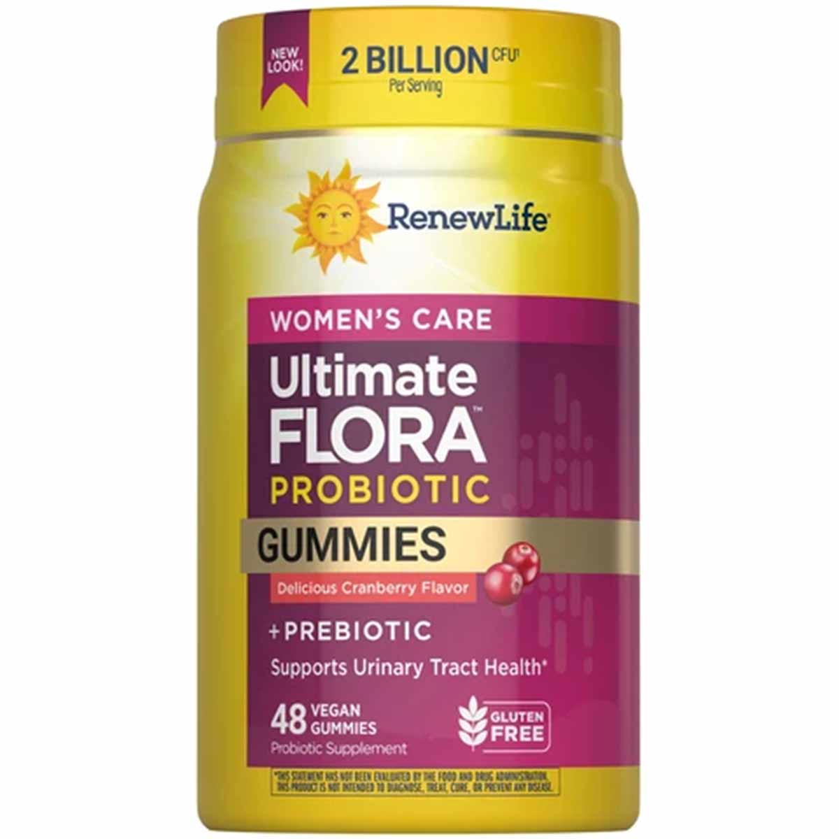 Renew Life Women's Care Ultimate Flora Probiotic Gummies bottle with yellow and purple label showing cranberry flavor and 48 