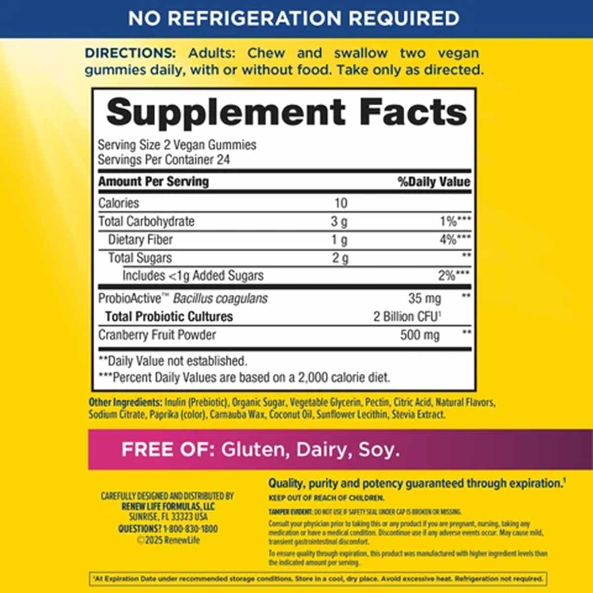 Bottle of Women's Care Gummy Probiotics + Prebiotics with supplement facts label showing 2 billion CFU and cranberry fruit po