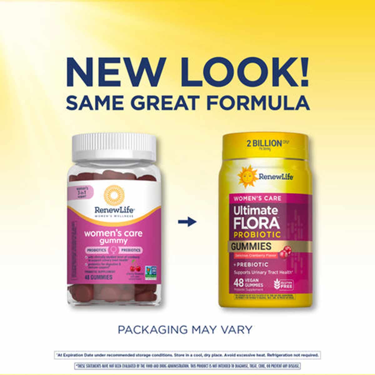 Renew Life Women's Care Ultimate Flora Probiotic gummies bottle and old packaging bottle side-by-side on yellow background.