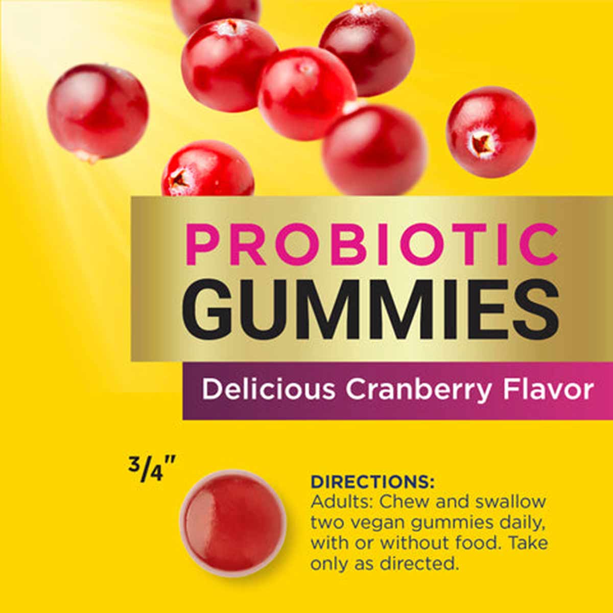 Red cranberry-flavored probiotic gummies with product packaging showing text and dosage instructions on yellow background.