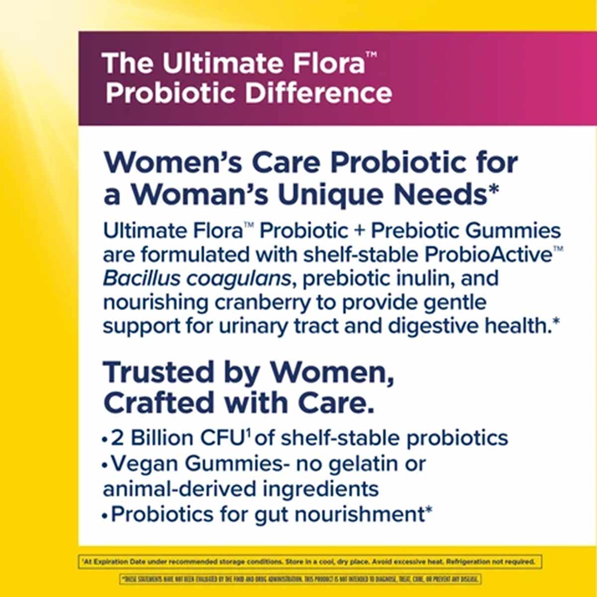 Renew Life Women's Care Probiotic gummy bottle packaging with purple and white label on yellow background.