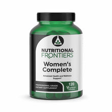 Green bottle of Nutritional Frontiers Women's Complete dietary supplement with black cap and white label, containing 120 vege