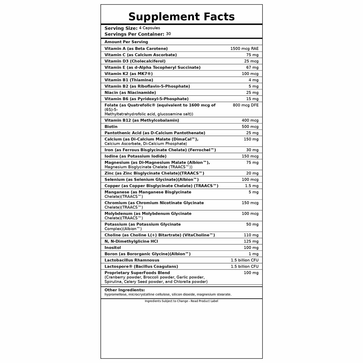 Supplement Facts label for Women's Complete showing serving size of 4 capsules with vitamins, minerals, and botanical ingredi