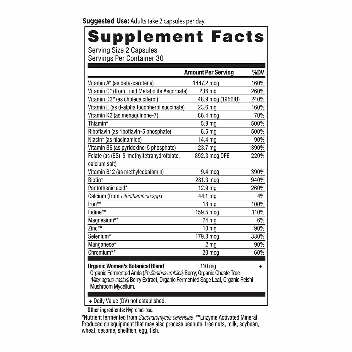 Supplement Facts label for Women's Fermented Multi showing serving size of 2 capsules per day with vitamins, minerals, and bo