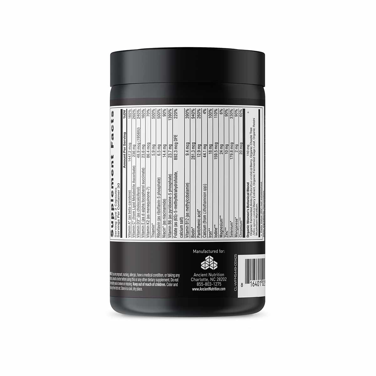 Black cylindrical bottle with black cap showing supplement facts label and Ancient Nutrition branding.
