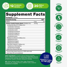 Supplement facts label for women's health probiotic showing 12 strains, 20 billion CFU, with vegan and no GMO certifications.