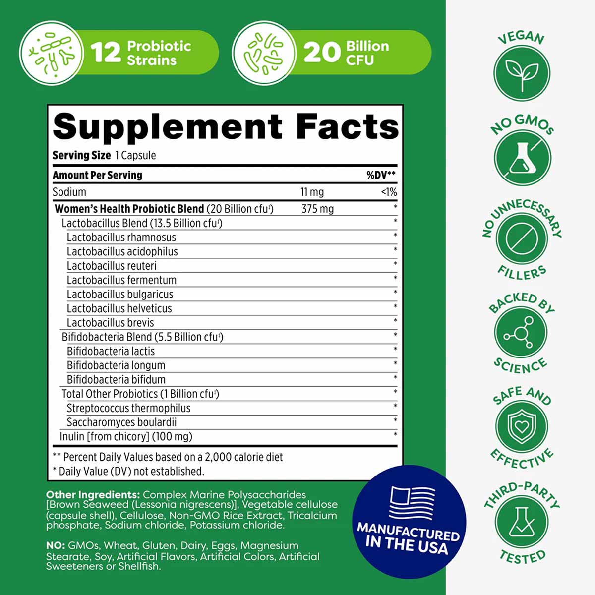 Supplement facts label for women's health probiotic showing 12 strains, 20 billion CFU, with vegan and no GMO certifications.