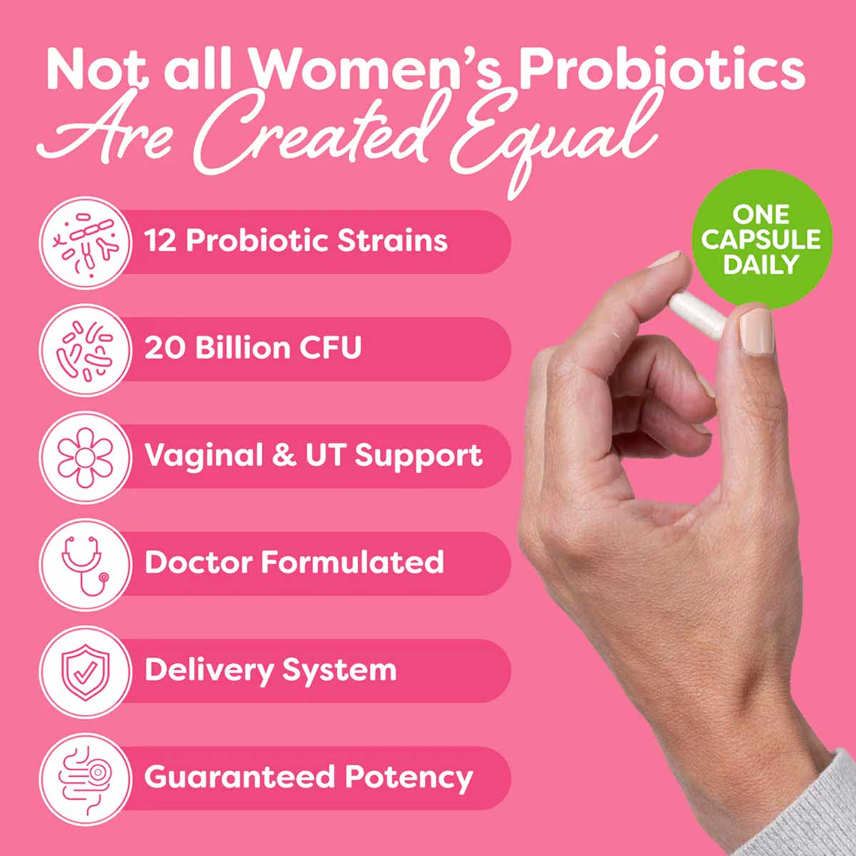 Hand holding a white probiotic capsule against a pink background with product feature text.