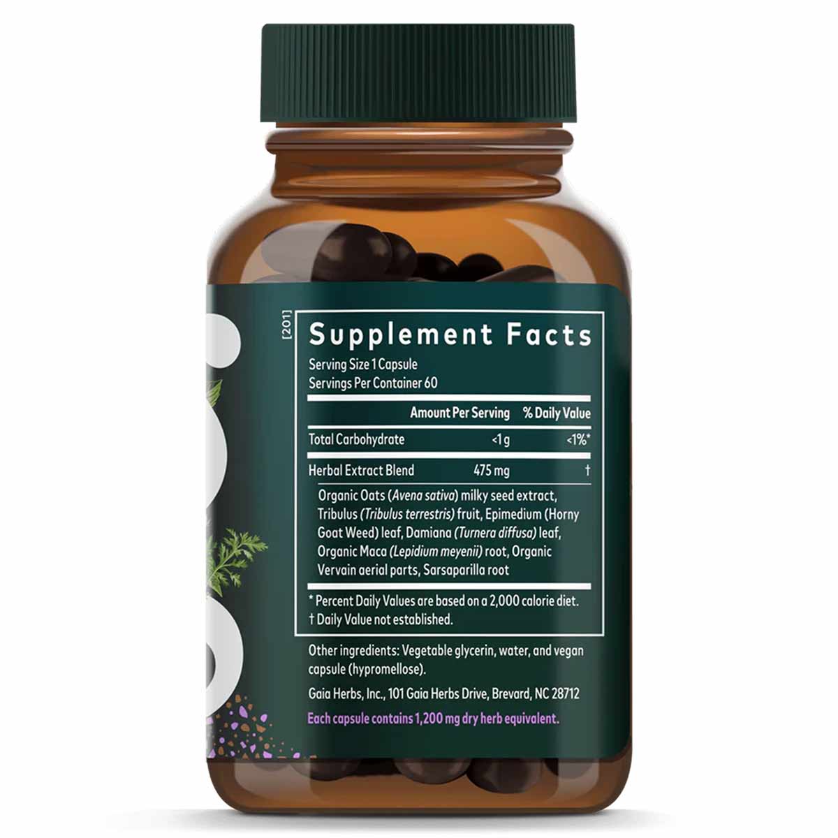 Brown glass bottle with green cap containing dark capsules and Gaia Herbs Womens Libido supplement label.
