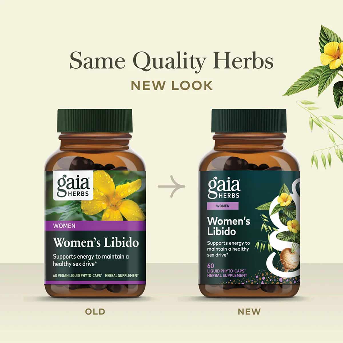 Two amber bottles of Gaia Herbs Women's Libido supplement showing old and new label designs with yellow flower imagery.