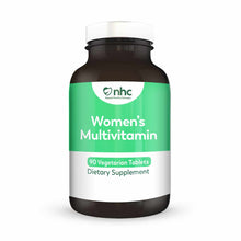 Dark glass bottle with green and white label reading "Women's Multivitamin" and "90 Vegetarian Tablets" by NHC.