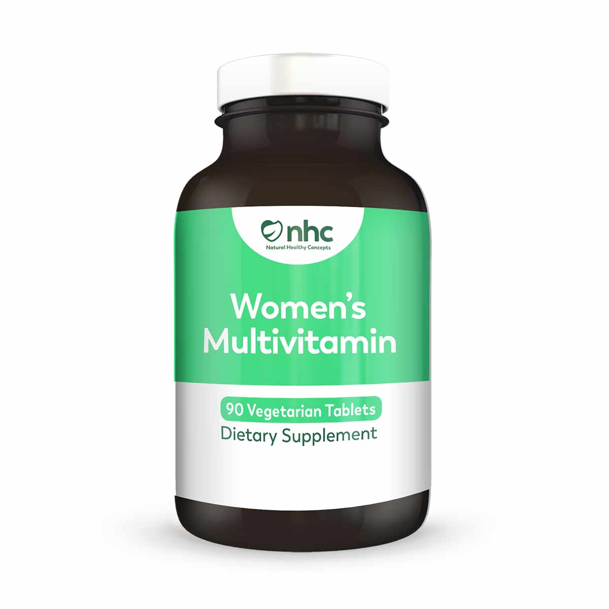 Dark glass bottle with green and white label reading "Women's Multivitamin" and "90 Vegetarian Tablets" by NHC.