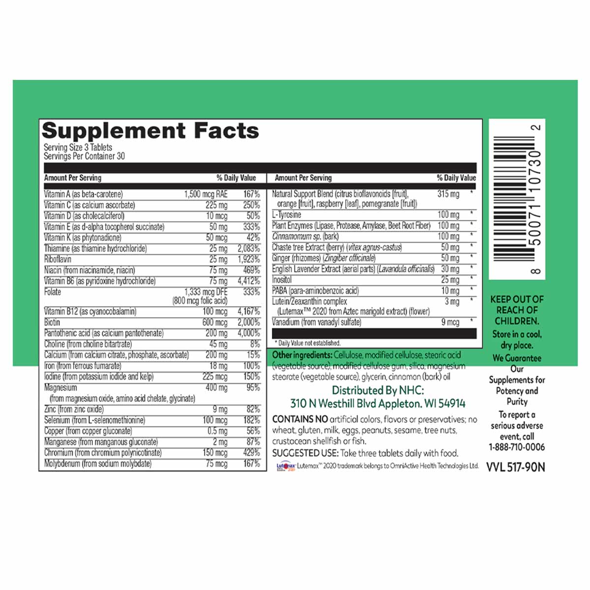 Green supplement bottle label showing detailed Supplement Facts panel with vitamins, minerals, and botanical ingredients list