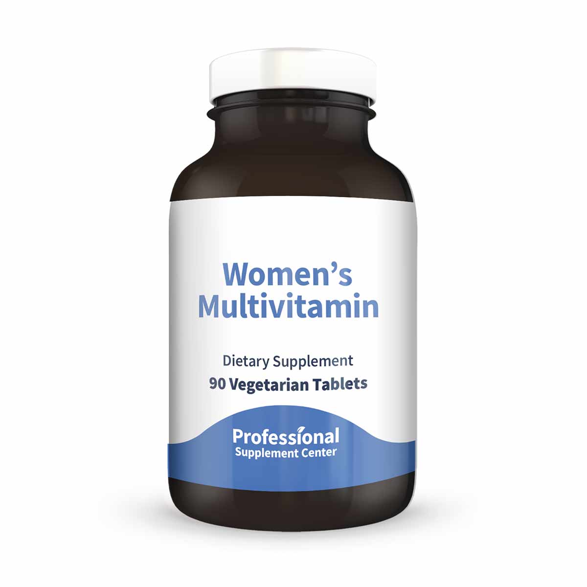 Dark glass bottle with white label reading "Women's Multivitamin, Dietary Supplement, 90 Vegetarian Tablets" by Professional 