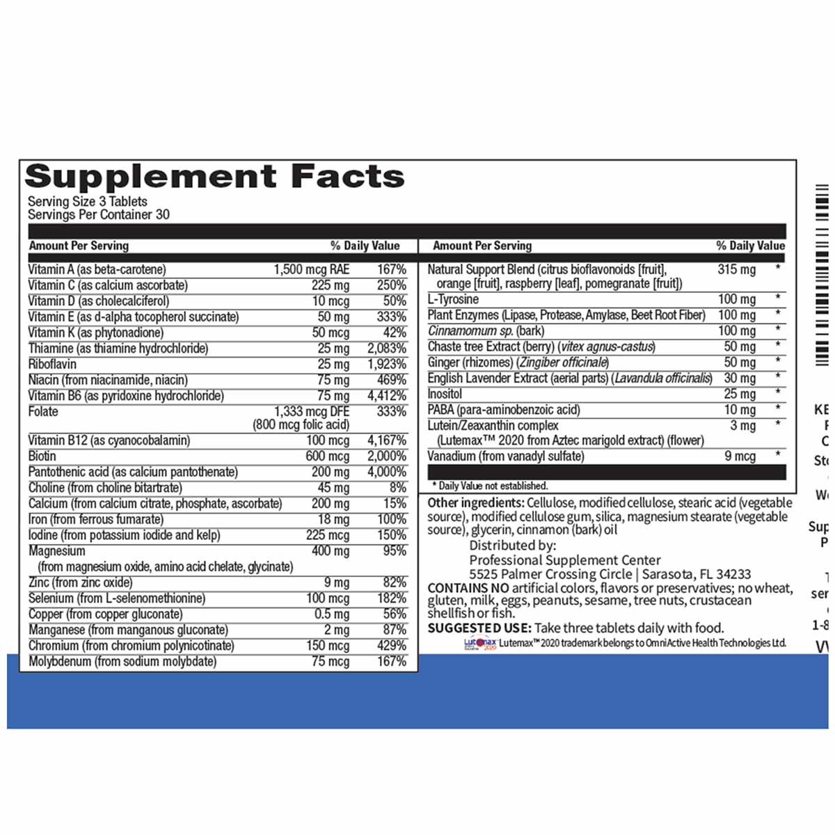 Supplement Facts label for Women's Multivitamin showing serving size, vitamins, minerals, and natural support blend ingredien