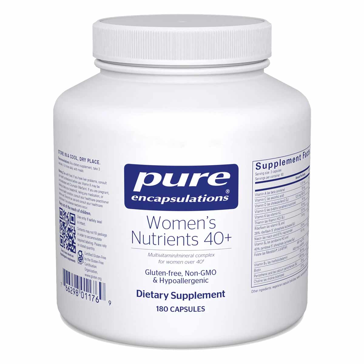White bottle of Pure Encapsulations Women's Nutrients 40+ dietary supplement with white screw-on cap, containing 180 capsules