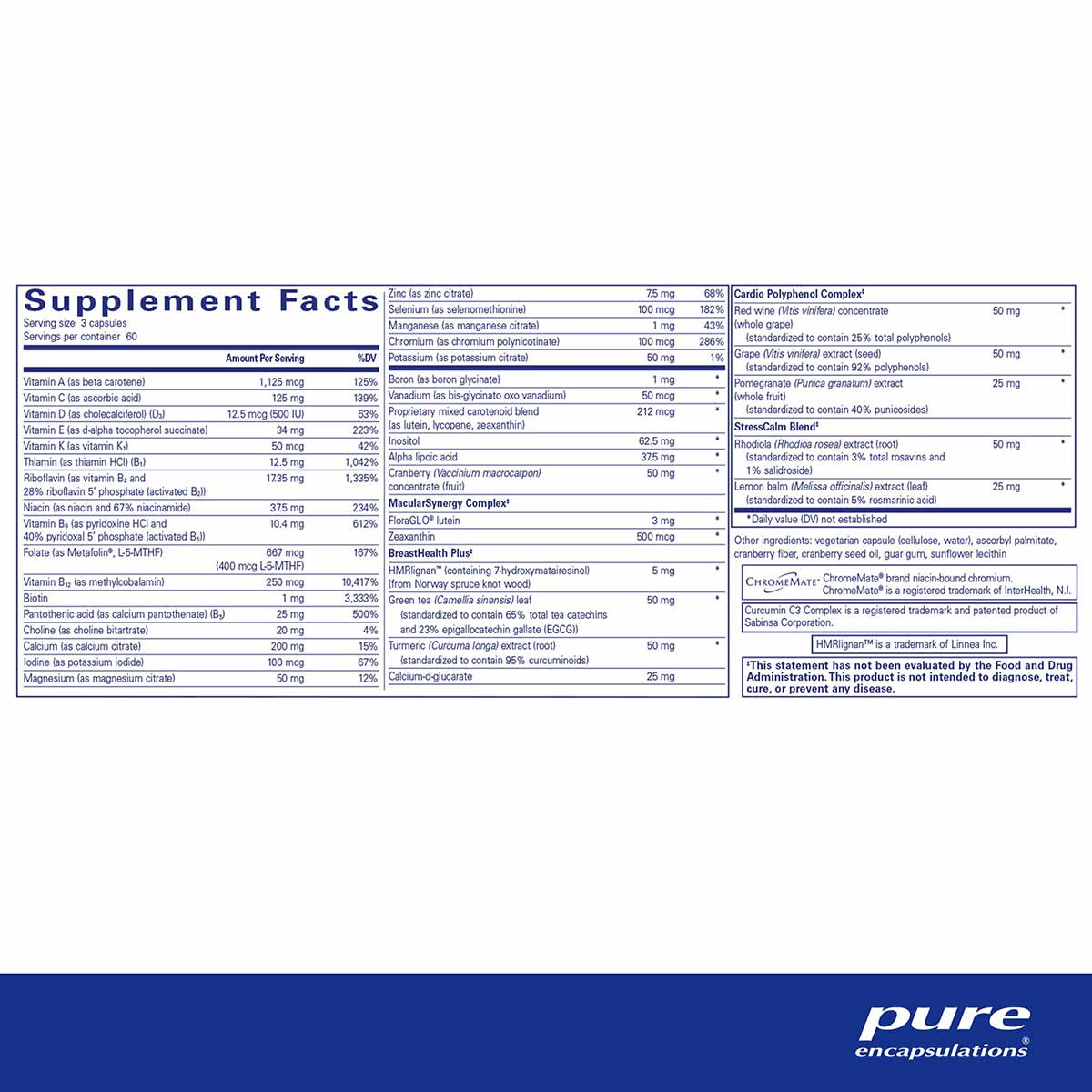 Supplement Facts label showing nutritional information and ingredients for Women's Nutrients 40+ by Pure Encapsulations.