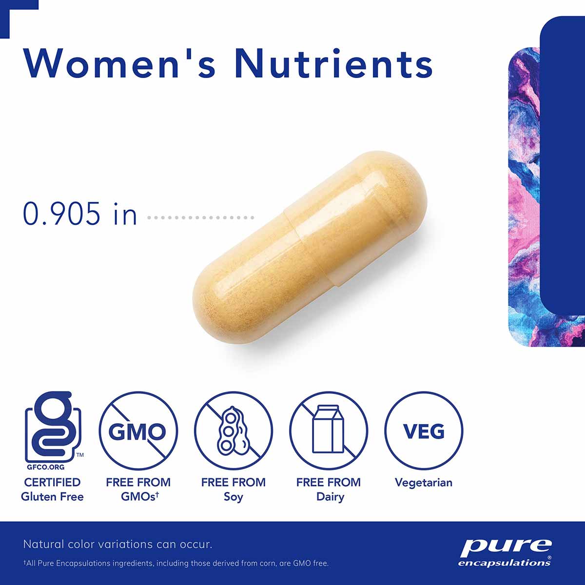 Tan capsule for Women's Nutrients 40+ supplement with certification badges for gluten-free, GMO-free, soy-free, dairy-free, a