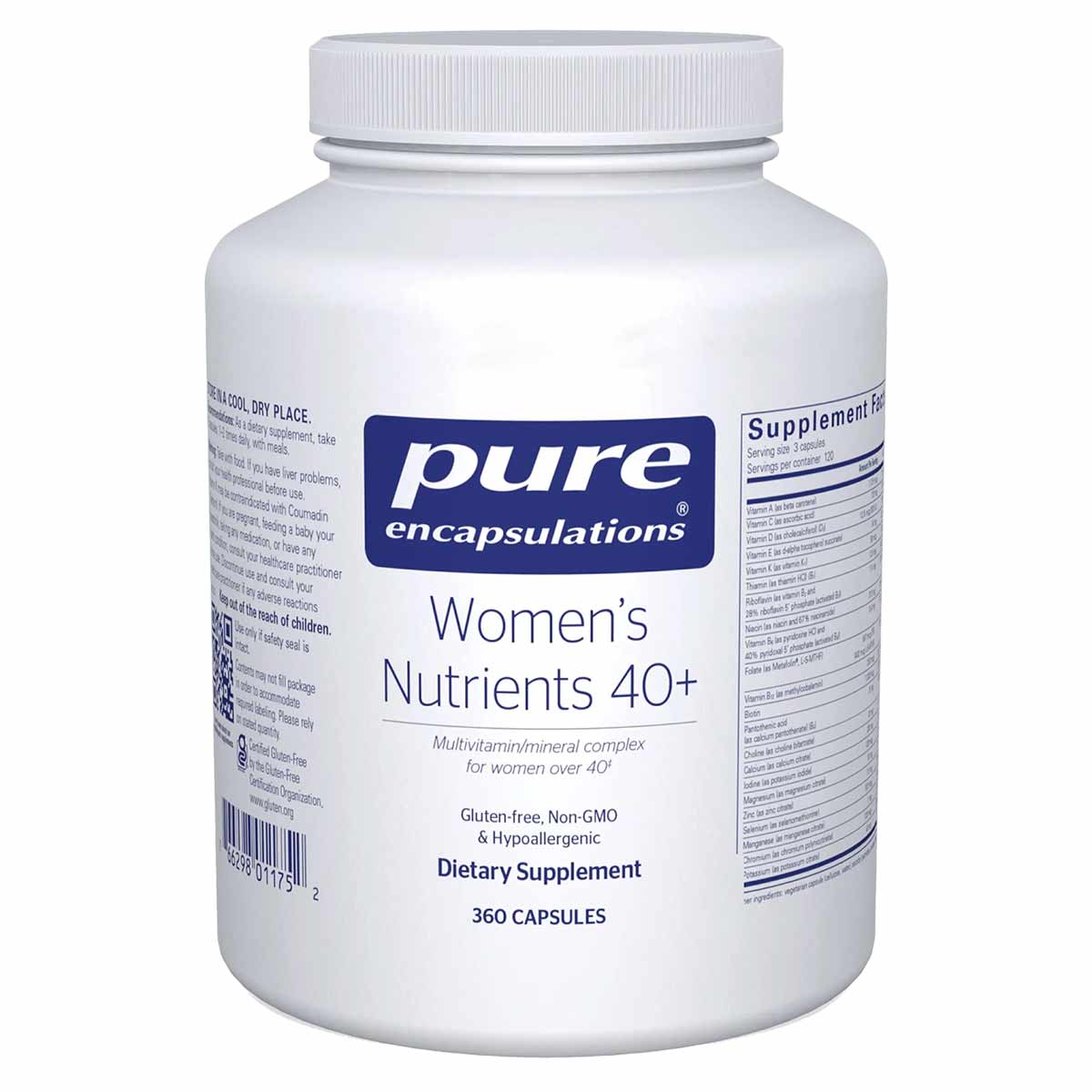 White bottle of Pure Encapsulations Women's Nutrients 40+ multivitamin-mineral supplement containing 360 capsules.
