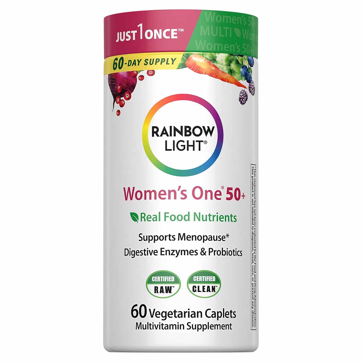 Rainbow Light Women's One 50+ multivitamin bottle with colorful rainbow logo, 60-day supply of vegetarian caplets.