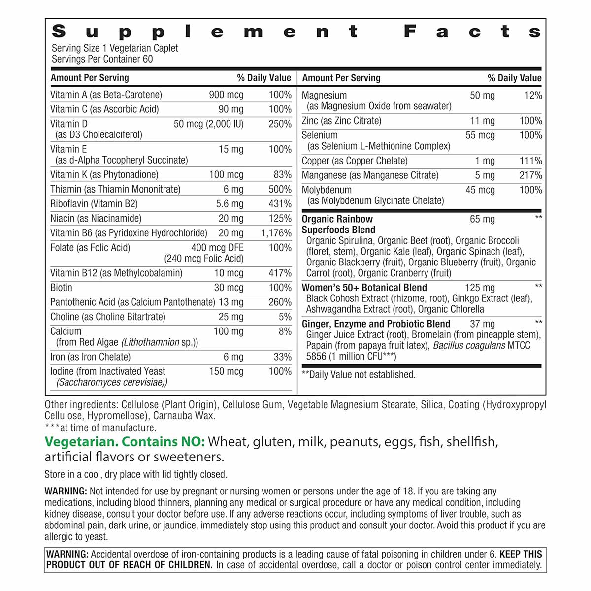 Supplement Facts label for Women's One 50+ Multivitamin showing serving size, vitamin and mineral amounts with daily values.
