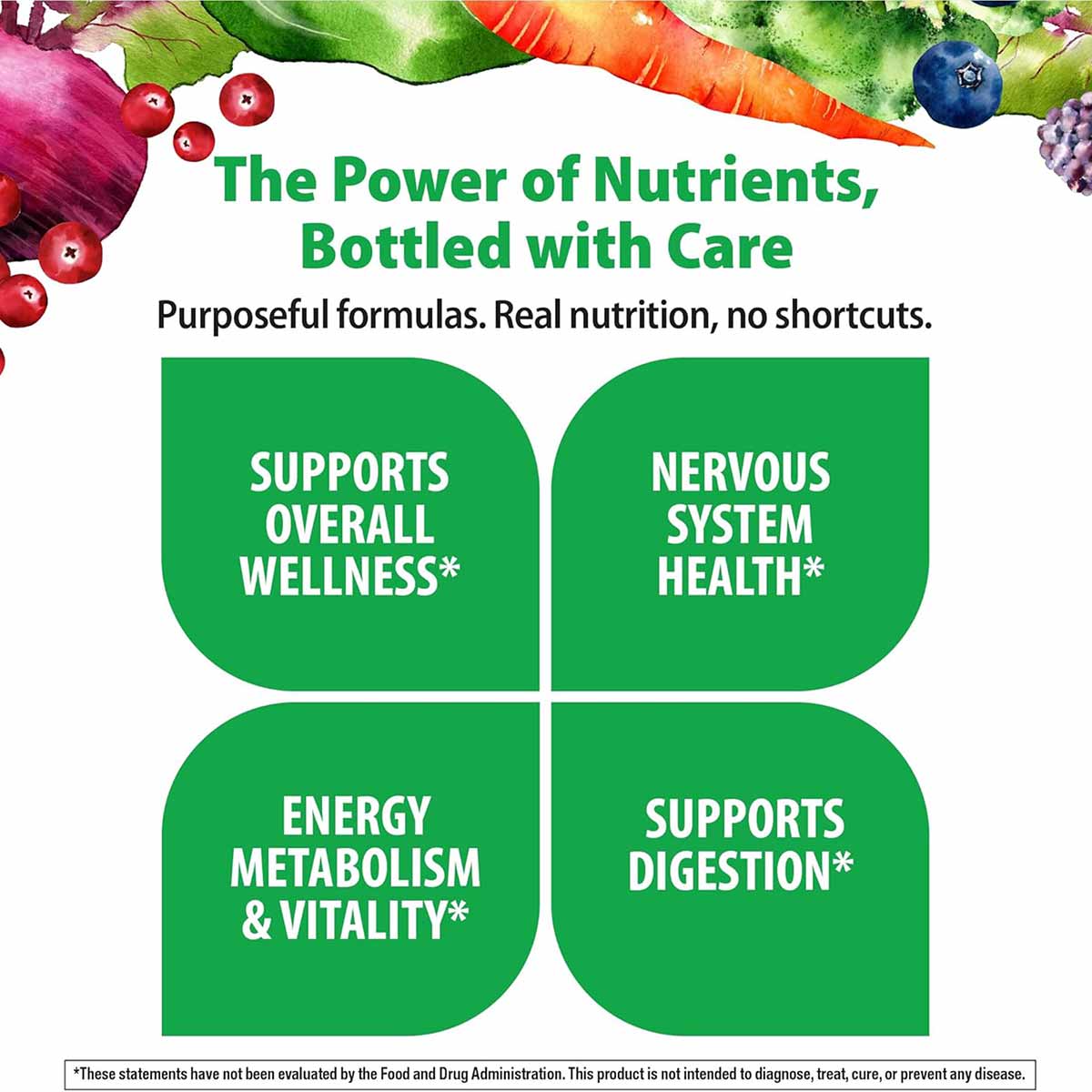 Rainbow Light Women's One 50+ multivitamin bottle packaging with vegetables and benefits listed.