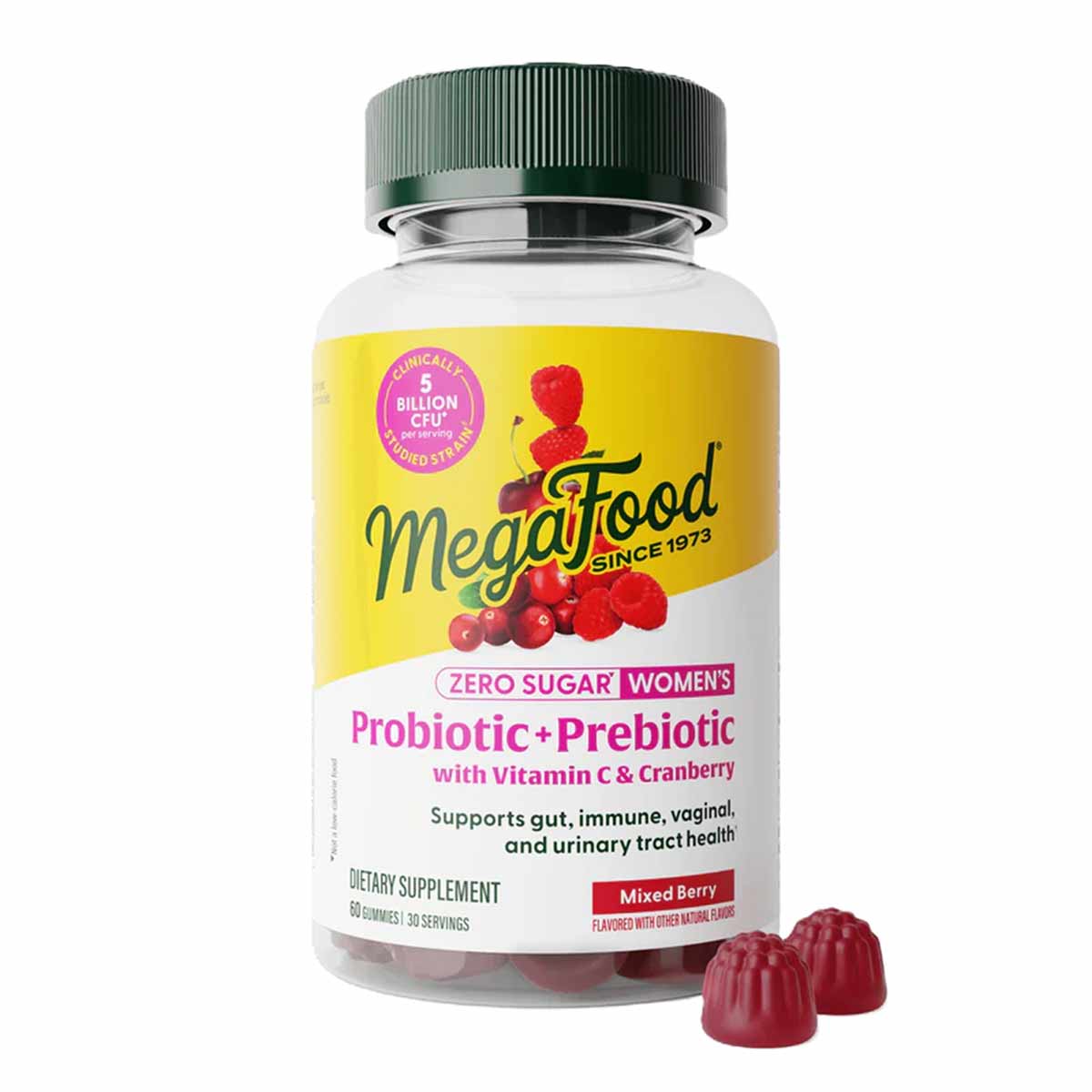 Megafood Women's Probiotic + Prebiotic gummy supplement bottle with dark green cap and mixed berry flavored gummies displayed