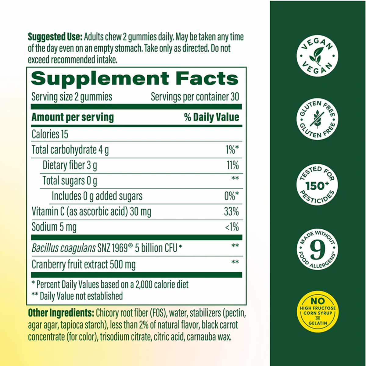 Supplement Facts label for probiotic and prebiotic gummies showing nutrition information, ingredients, and certification badg