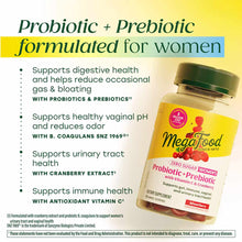 Bottle of Megafood Women's Probiotic + Prebiotic gummies with mixed berry-colored gummies visible inside the clear container.