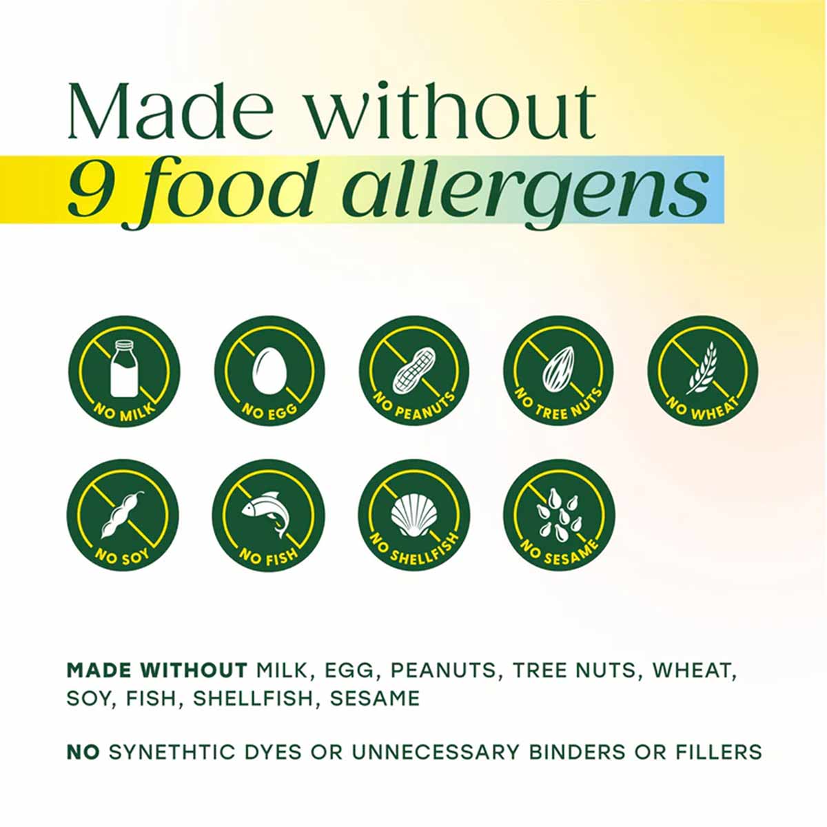 Product packaging showing allergen-free certifications with nine circular icons indicating no milk, egg, peanuts, tree nuts, 