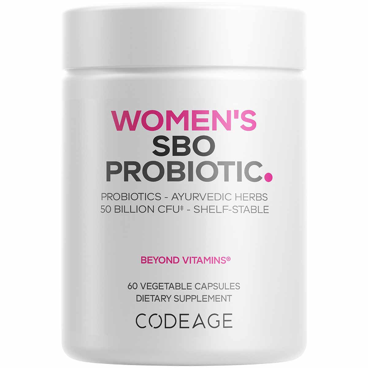 White bottle of Codeage Women's SBO Probiotic with pink and black text, containing 60 vegetable capsules.