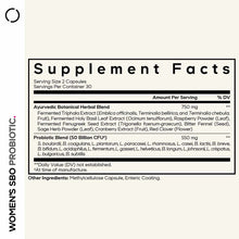 Supplement Facts label for Women's SBO Probiotic showing serving size, ingredients, and dosage information.