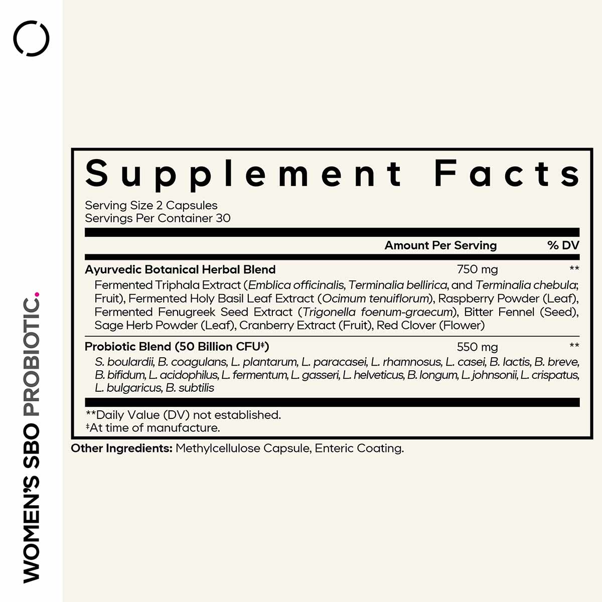 Supplement Facts label for Women's SBO Probiotic showing serving size, ingredients, and dosage information.