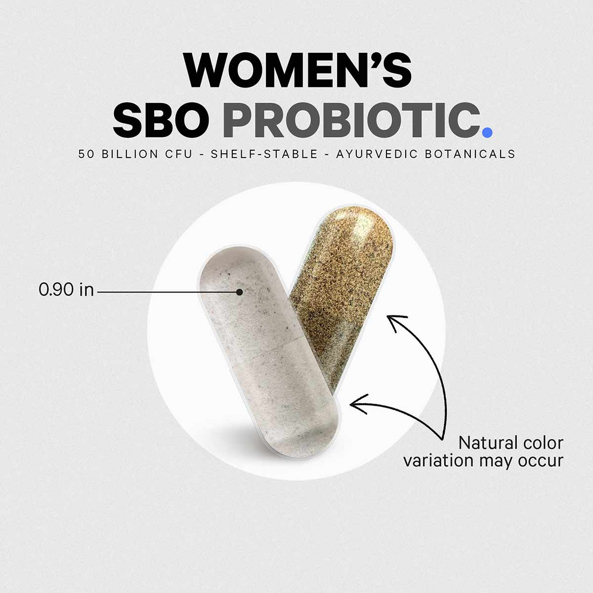 Two capsule pills, one light beige and one speckled gold, measuring 0.90 inches in length.