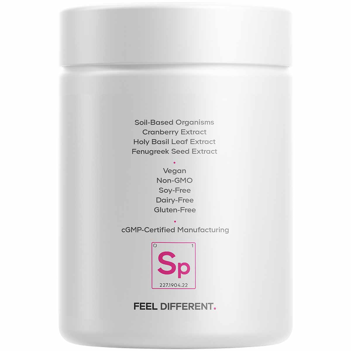 White supplement bottle with label listing soil-based organisms, cranberry extract, holy basil leaf extract, fenugreek seed e