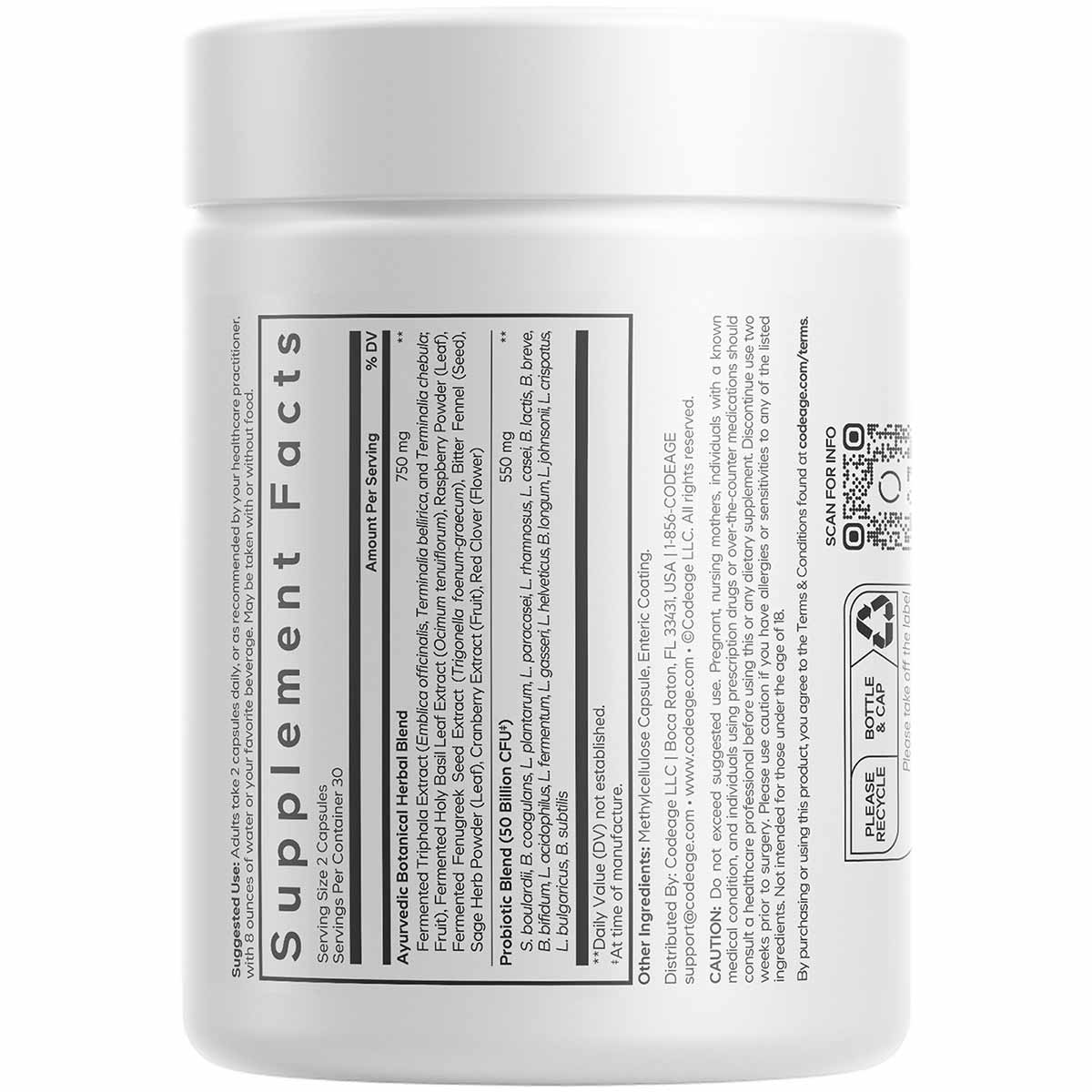 White supplement bottle labeled "Women's SBO Probiotic by Codeage" with ingredient and nutrition information on the label.