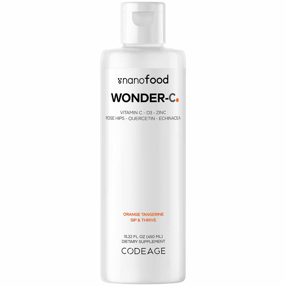 Clear plastic bottle of Codeage Wonder-C liquid dietary supplement with pump dispenser, 15.22 fl oz.