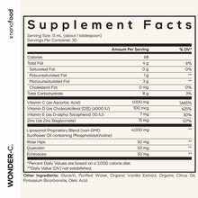 Supplement Facts label for Wonder-C liquid showing vitamin C, D, E, zinc, and botanical blend ingredients with serving size a