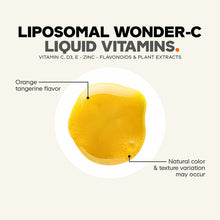 Liposomal Wonder-C liquid vitamin supplement in yellow orange-tangerine flavor with visible texture variation.