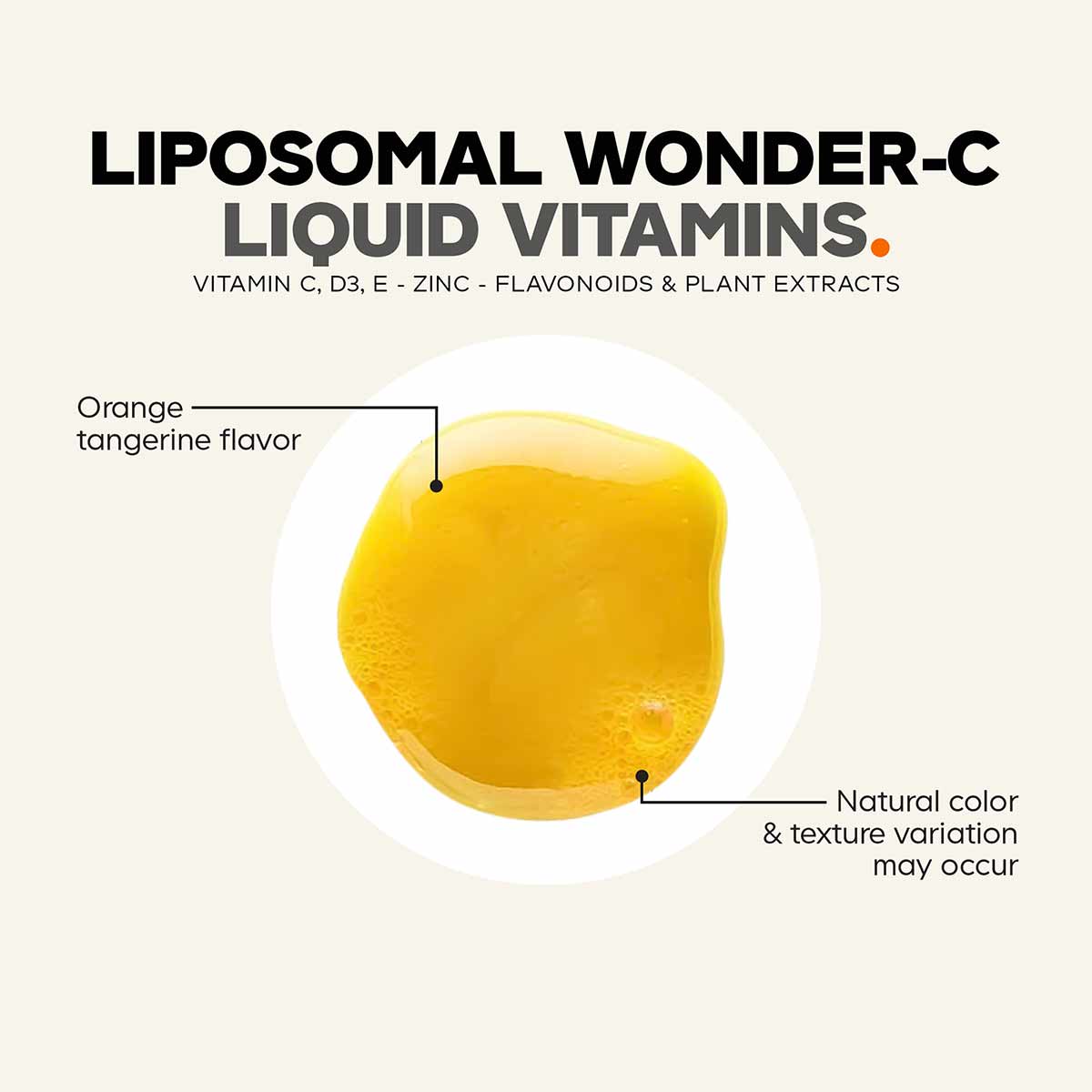 Liposomal Wonder-C liquid vitamin supplement in yellow orange-tangerine flavor with visible texture variation.