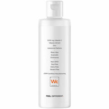 White bottle with pump dispenser containing vitamin C supplement with liposomal delivery, listing ingredients and certificati