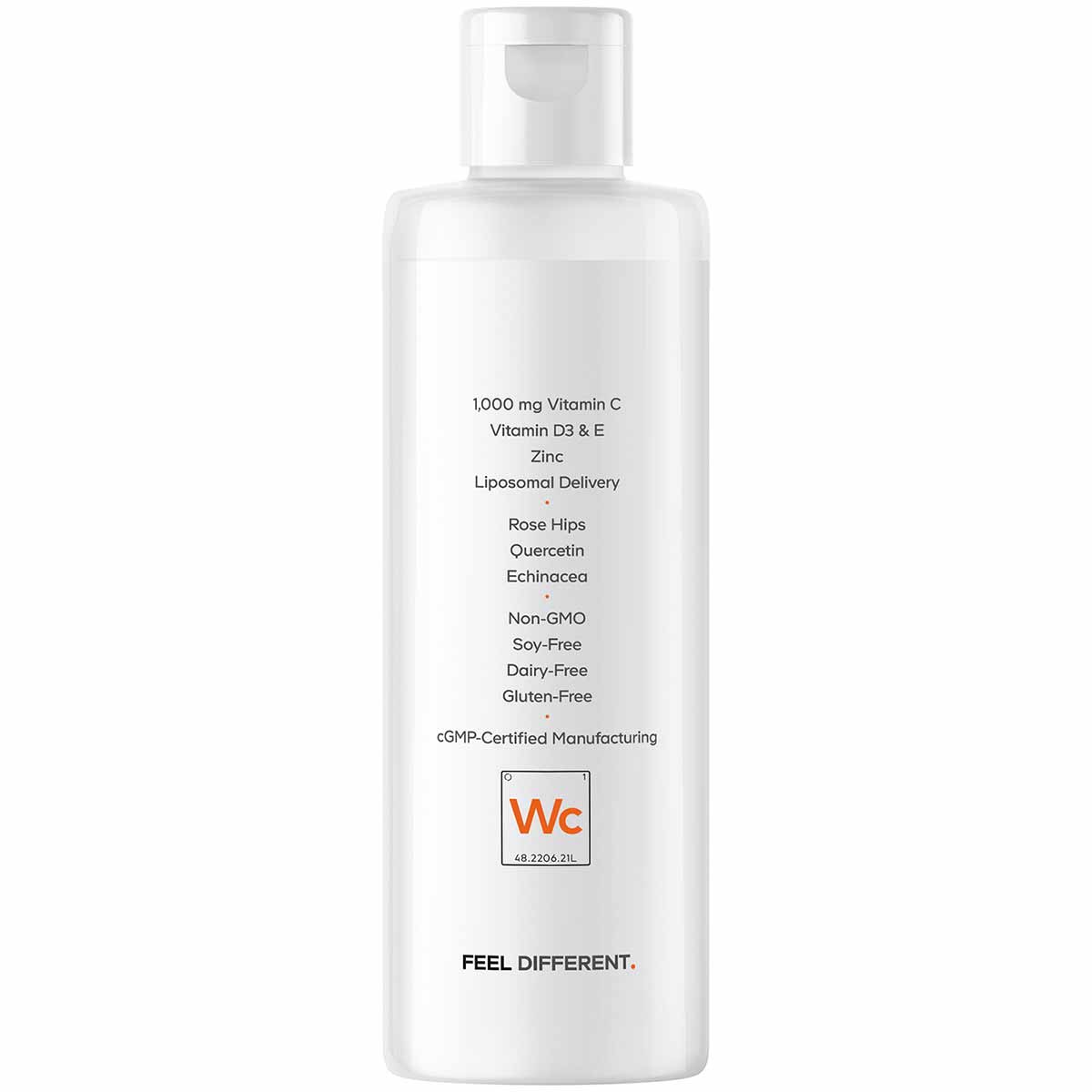 White bottle with pump dispenser containing vitamin C supplement with liposomal delivery, listing ingredients and certificati