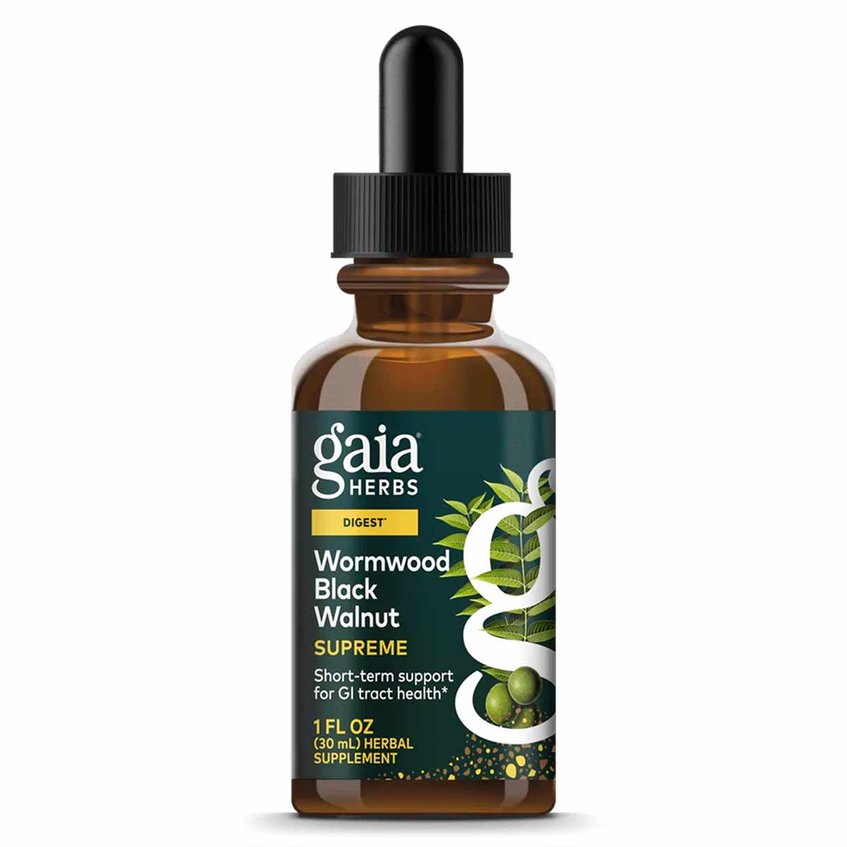 Gaia Herbs Wormwood Black Walnut Supreme herbal supplement bottle with dropper, 1 fl oz.