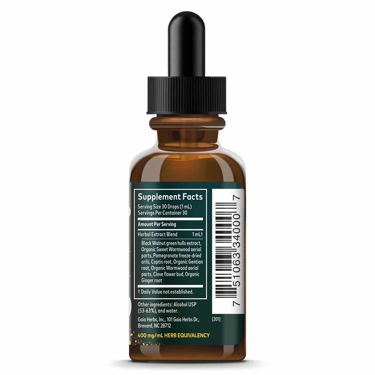 Brown glass dropper bottle with black cap containing herbal supplement liquid and printed label with supplement facts.