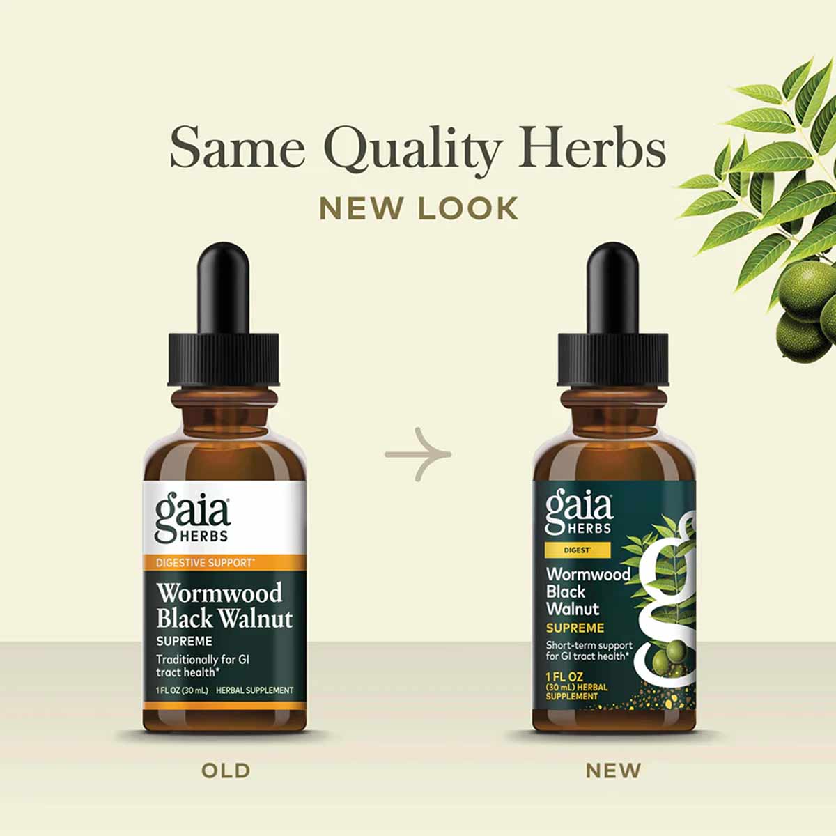 Two amber glass dropper bottles of Gaia Herbs Wormwood Black Walnut Supreme herbal supplement showing old and new label desig