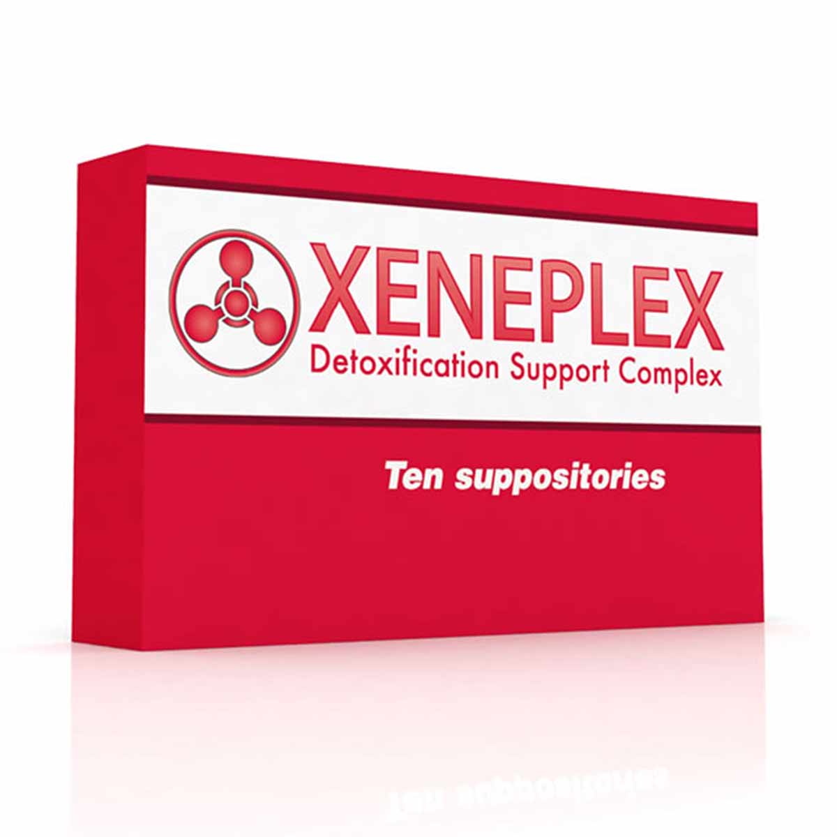 Red box of Xeneplex Detoxification Support Complex suppositories with white label and molecular symbol logo.