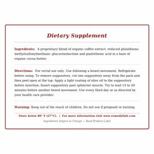 Package label for Xeneplex Detoxification Support Suppository dietary supplement with ingredients and directions text on whit