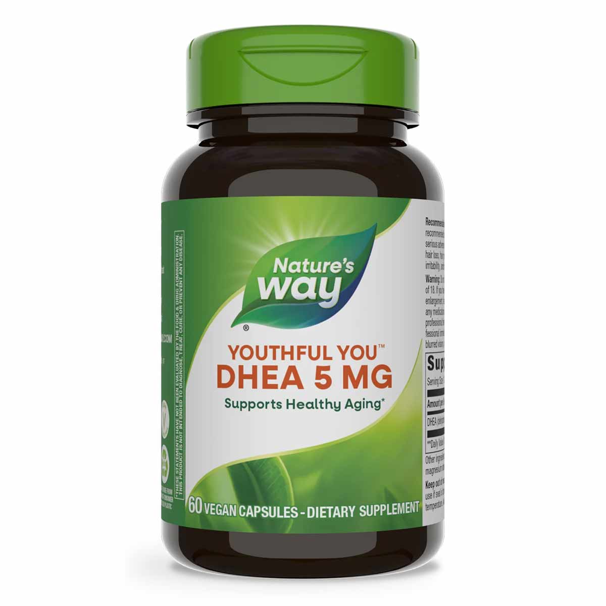 Brown bottle with green cap containing 60 vegan capsules of Nature's Way Youthful You DHEA 5 mg dietary supplement.