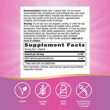 Supplement facts label for Nature's Way DHEA 5mg with dosage instructions, warnings, and vegan, gluten-free, dairy-free certi